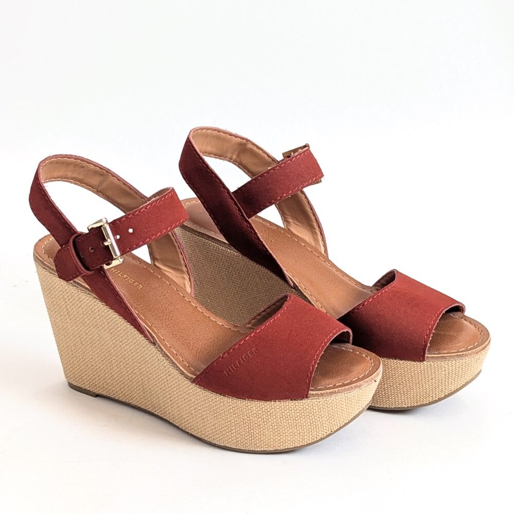 Tommy Hilfiger Francis Peep Toe Wedge Platform Sandals Brick Red Tan Boho Size 7